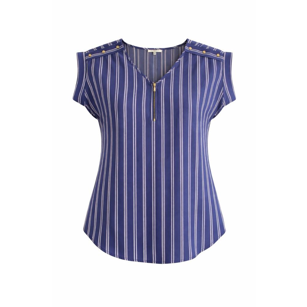 Speed Limit MPH Blouse Womens 3X Blue Striped Zip V-Neck Epaulet Cap Sleeve